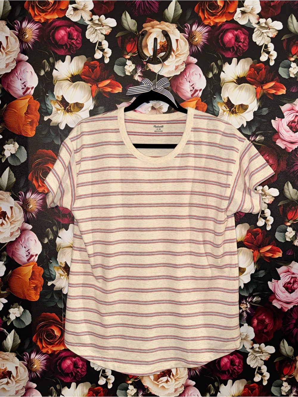 Madewell Relaxed Cream Tee with Red & Blue Stripes - Short Sleeve, Medium, NWT